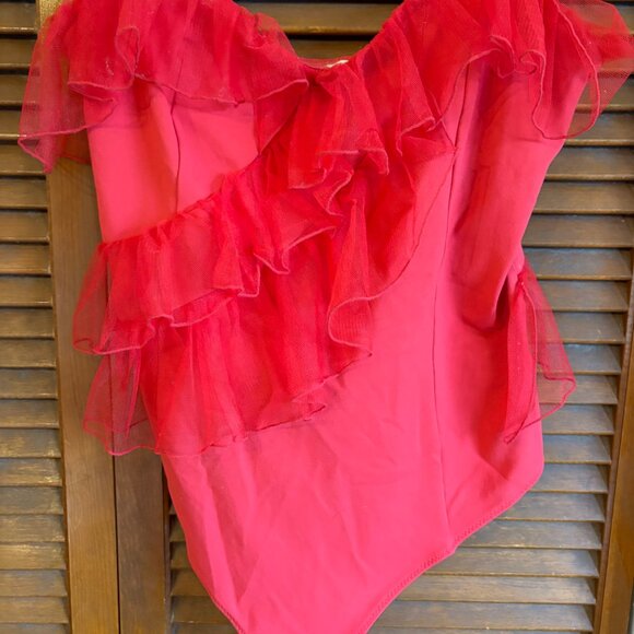 Free People Nuuly Red Ruffle Tule Body Suit Size L - Picture 2 of 5